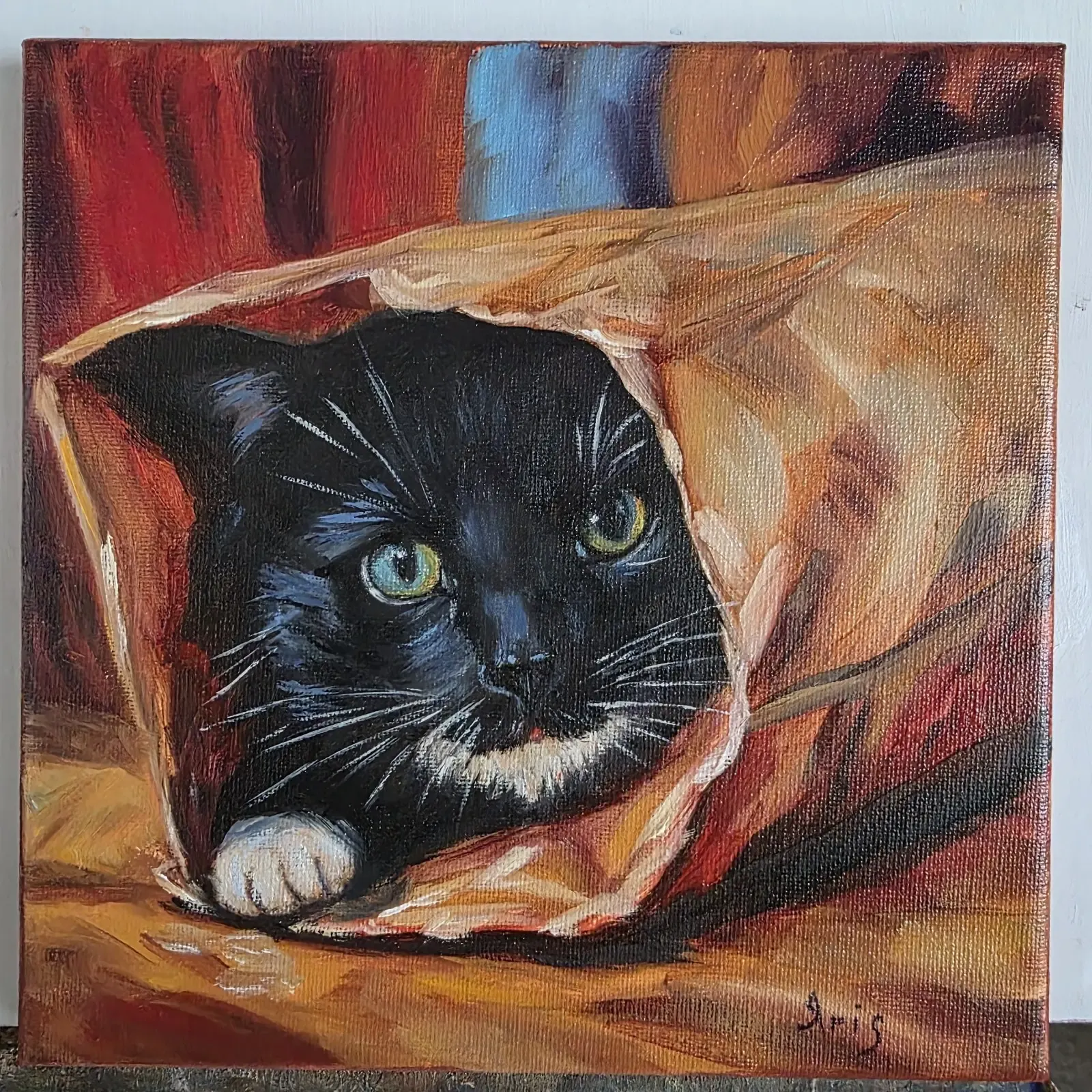 Original Oil Painting Pet Portrait 8×8 Inches, Cute Tuxedo Cat. Ebay item id is 327104784498, created by mia028-5